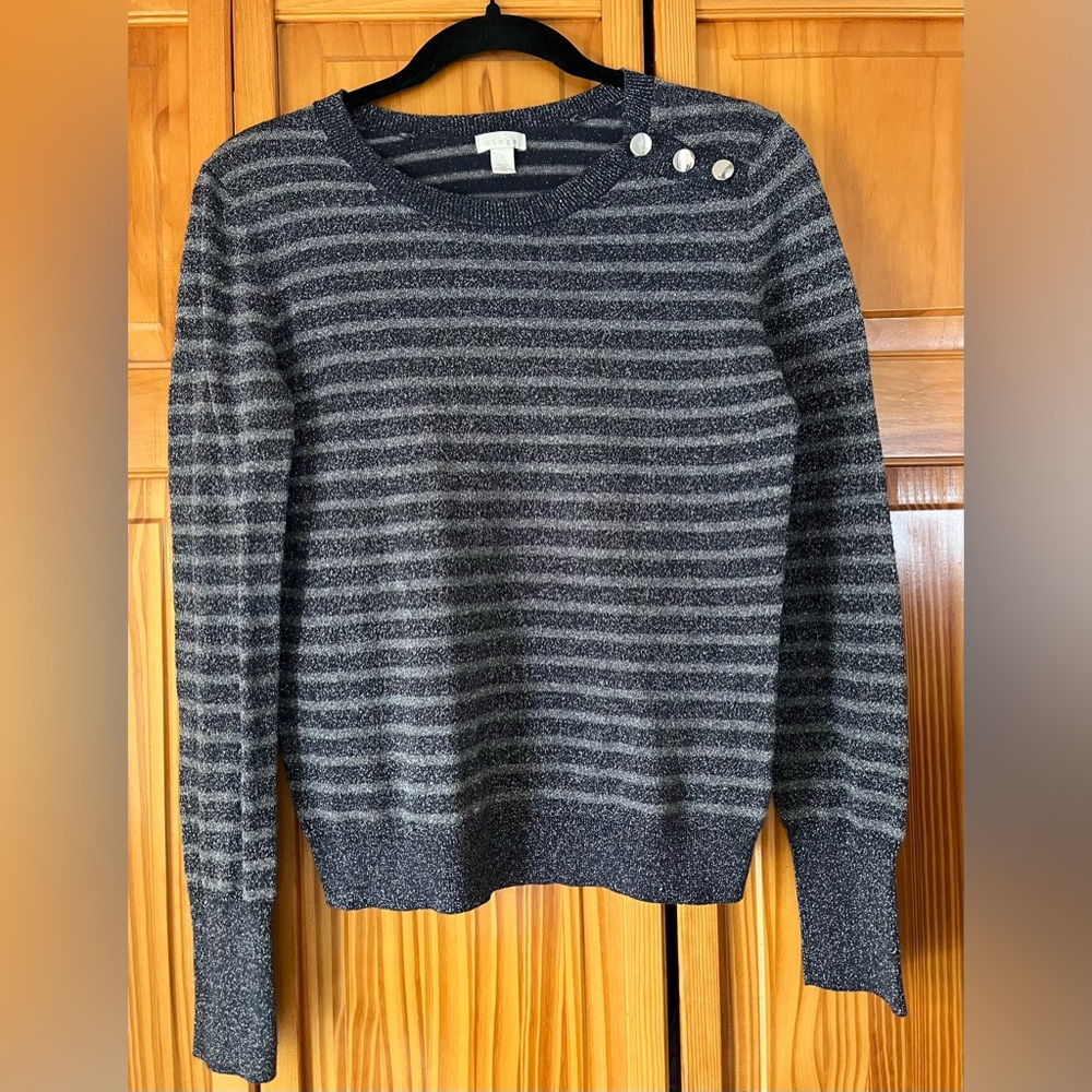 Striped  Navy and Silver Shimmering Women's Sweater